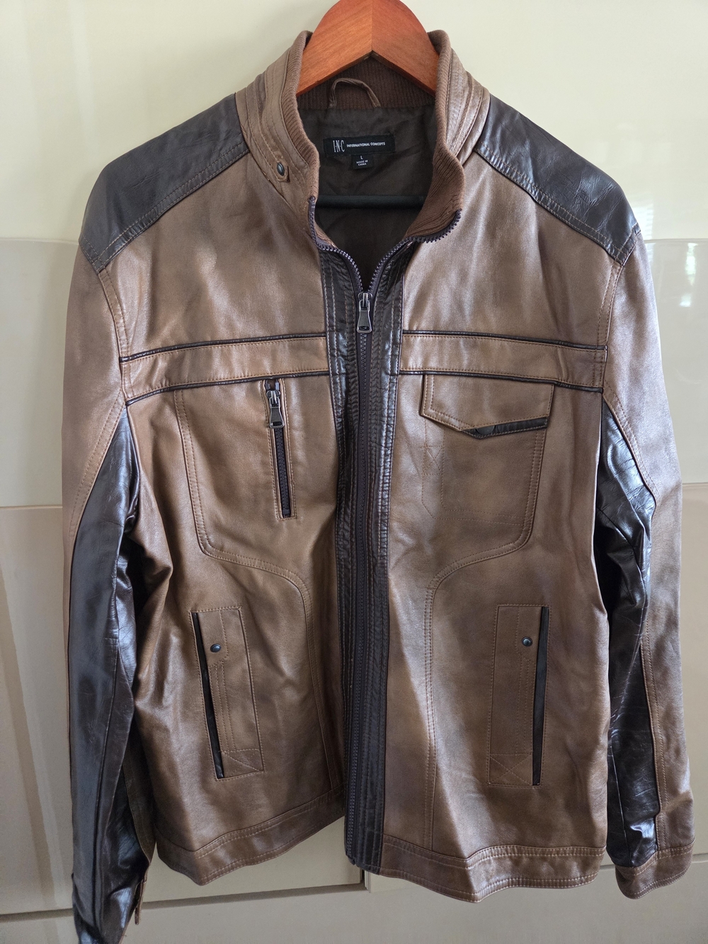 INC International Concepts Men's Brown Two-Tone Leather Jacket